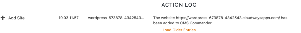 CMS Commander activity report entry for a connected WordPress site