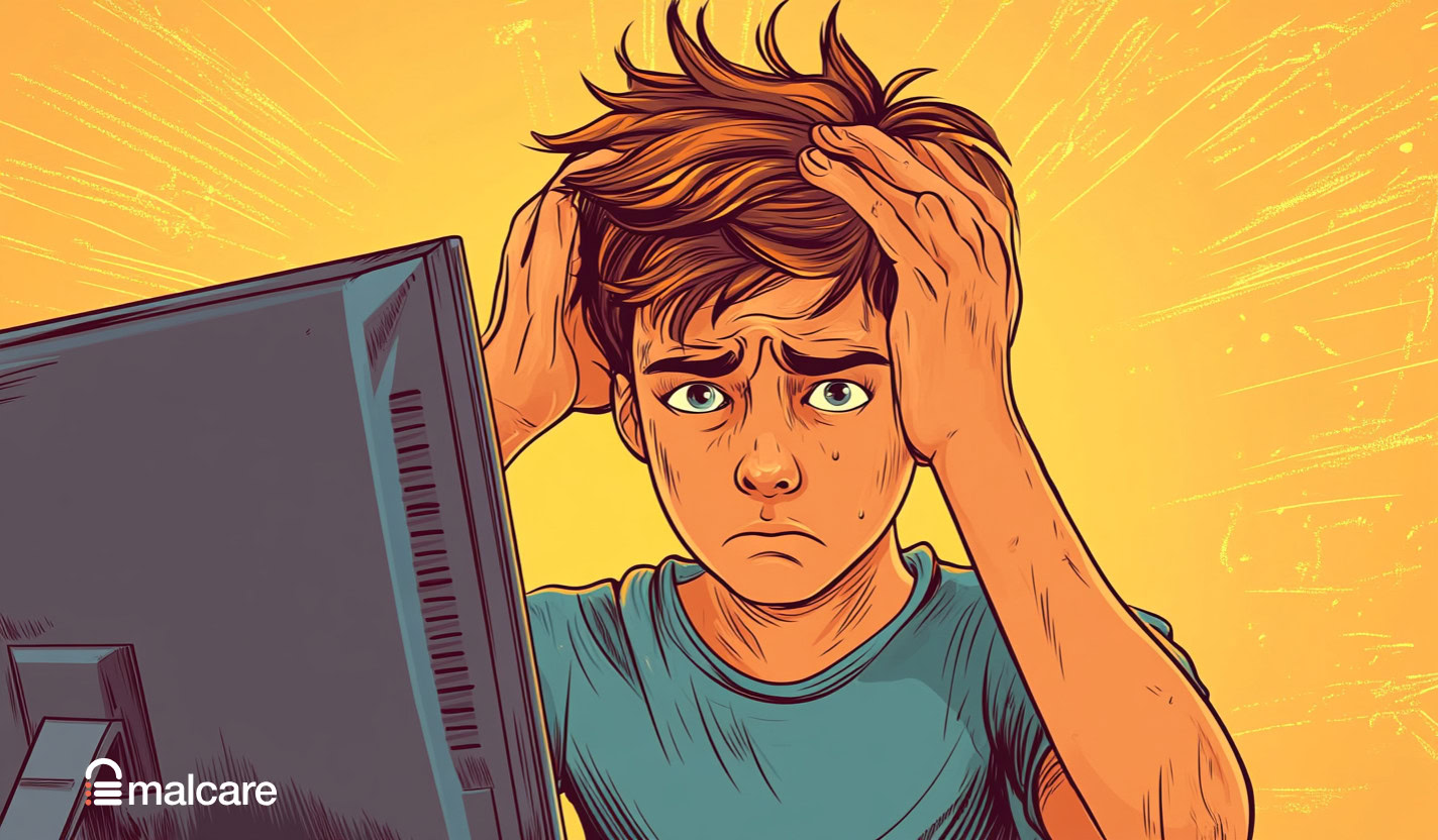 Illustration of a worried site owner reacting to a browser security warning