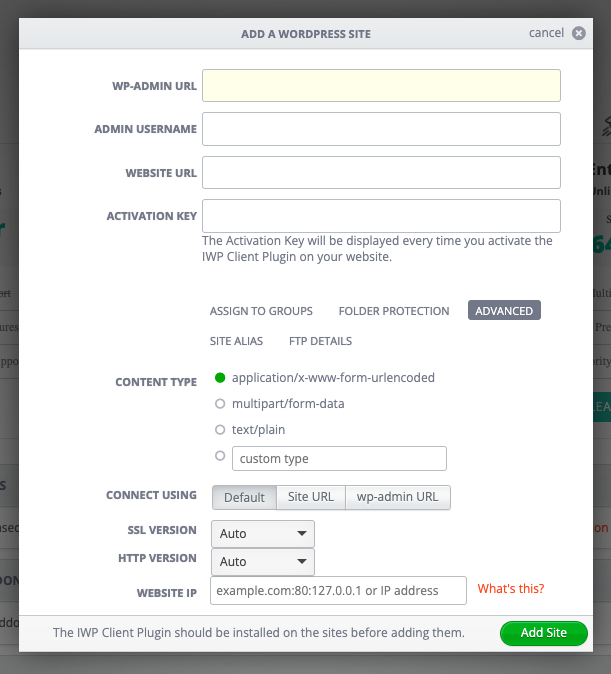 InfiniteWP form for adding a WordPress site