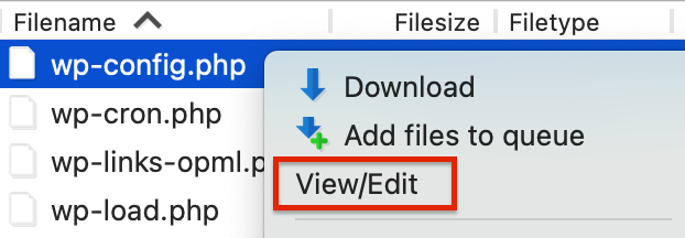 Filezilla wp-config.php file edit