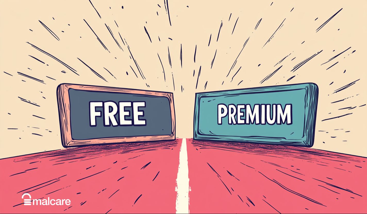 Illustration of Free and Premium signs facing each other across a dividing line