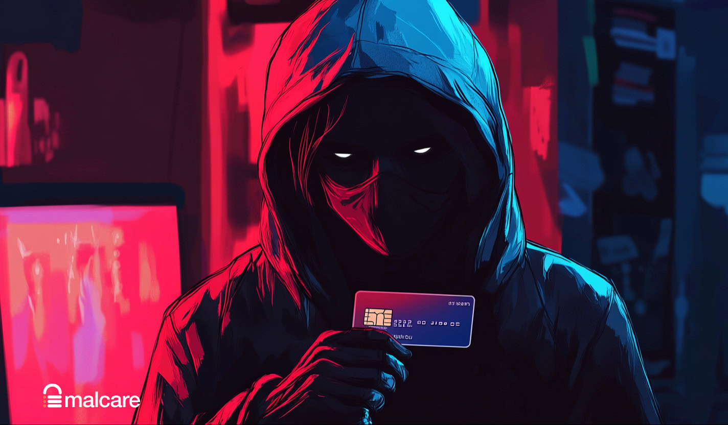 Hooded attacker holding a payment card beside a laptop