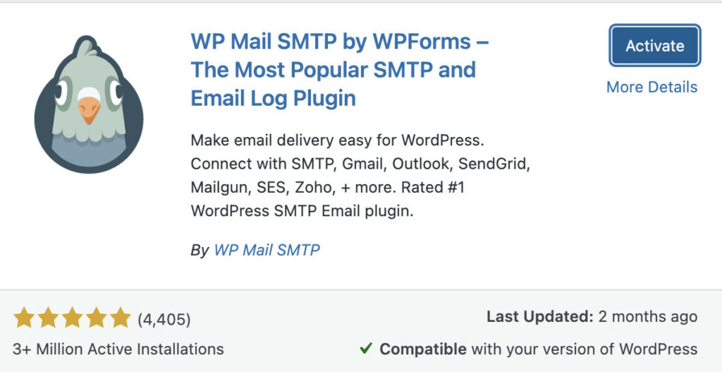 WP Mail SMTP plugin listing with installation controls