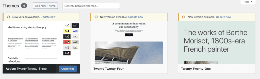 WordPress Themes screen with a default theme ready to activate