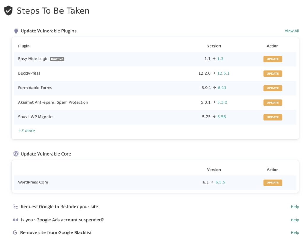 MalCare cleanup report listing security recommendations after malware removal