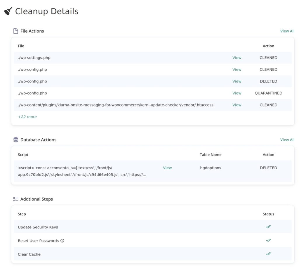 MalCare cleanup report summarizing file, database, and post-cleanup changes