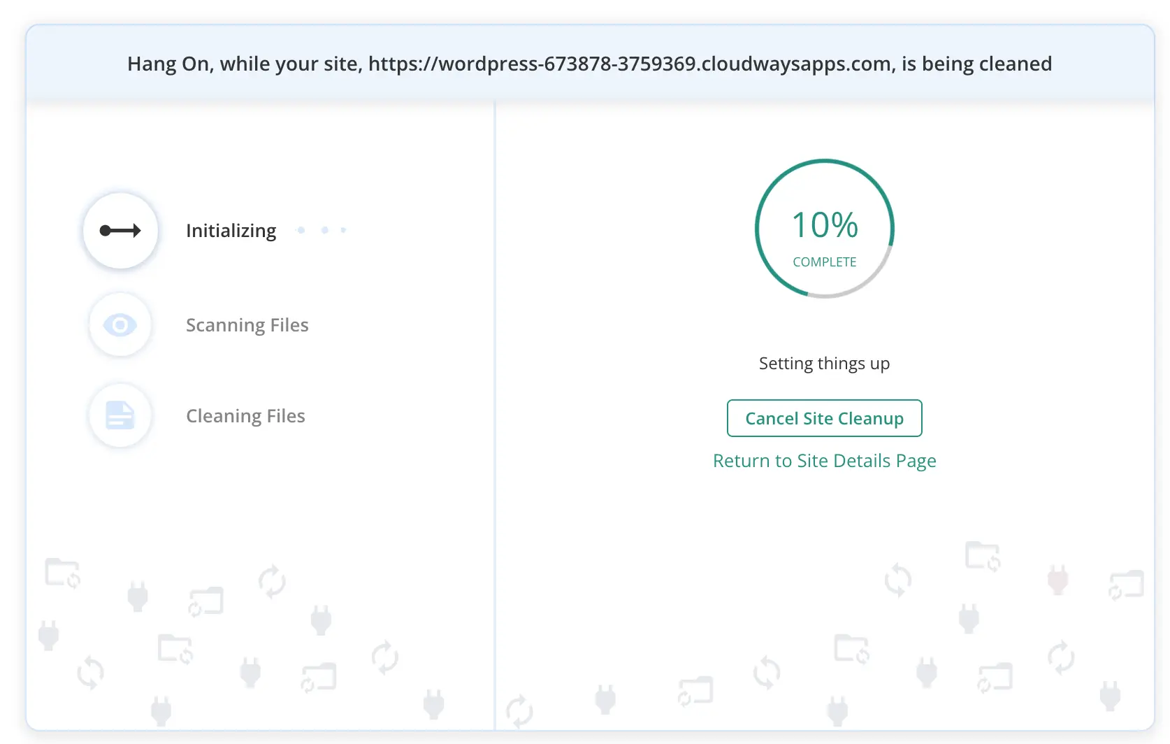 MalCare malware removal dashboard with cleanup progress