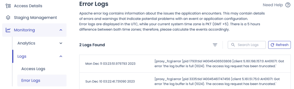Error logs