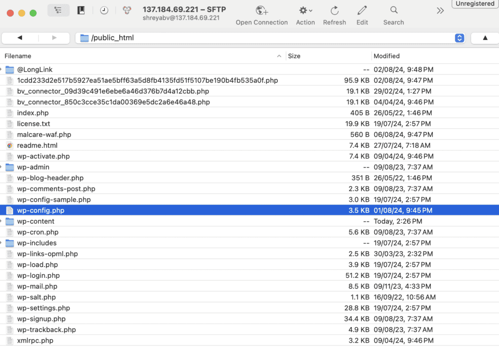 wp-config.php file selected in the Cyberduck file browser