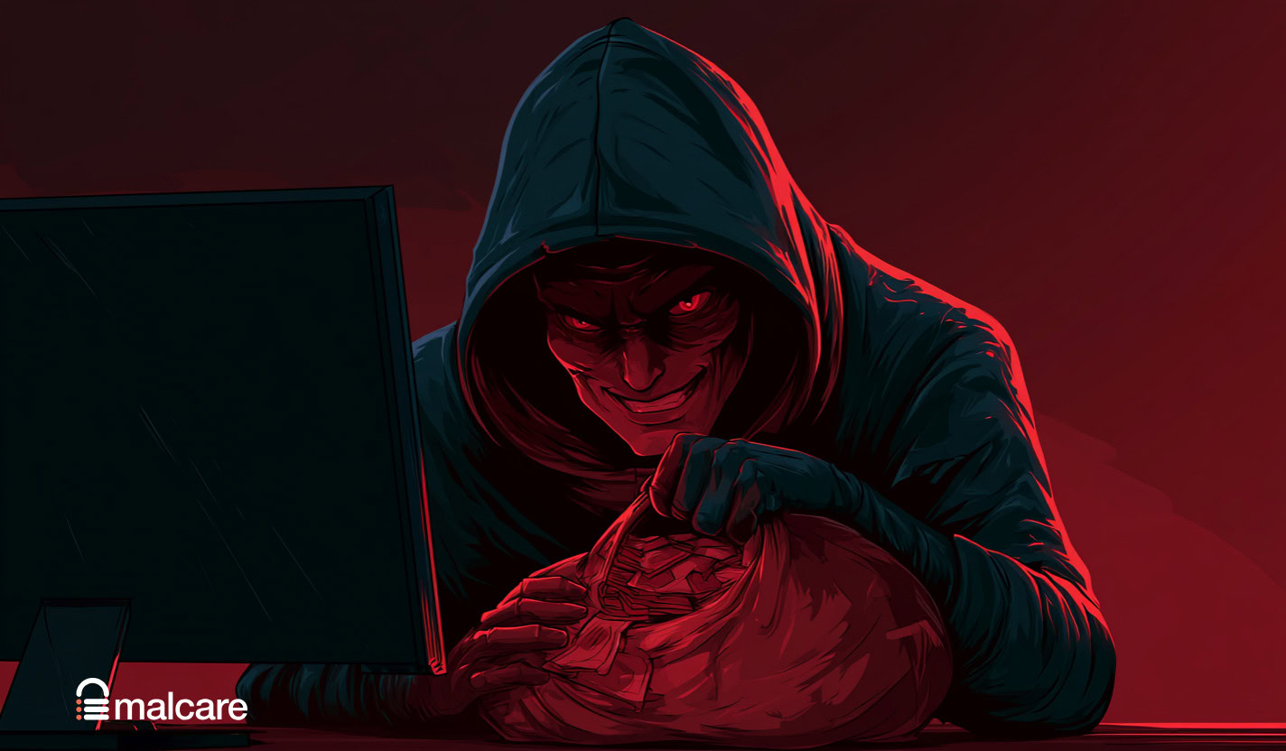 Illustration of a hooded attacker holding a website hostage beside a computer