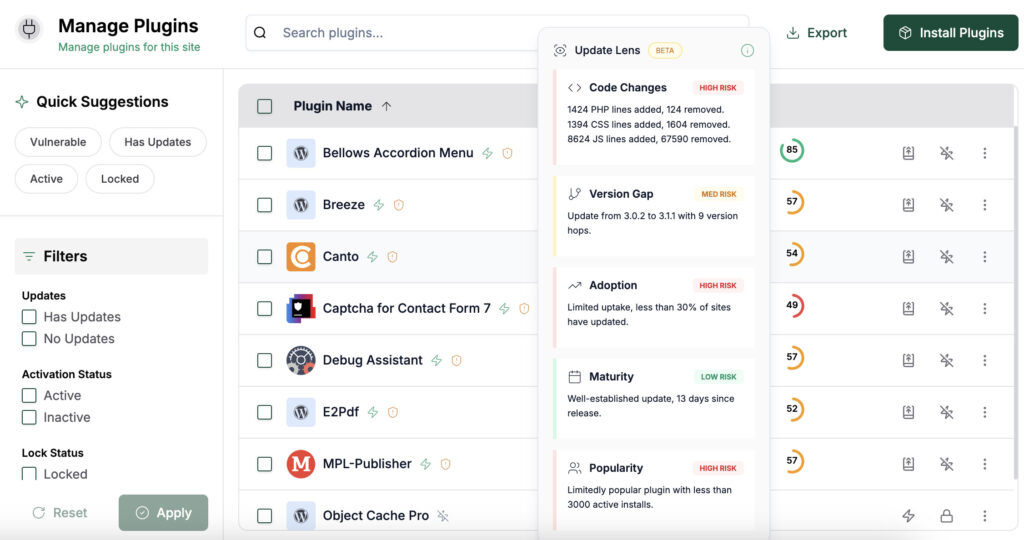 UpdateLens panel scoring plugin updates by code changes, version gap, adoption, maturity, and popularity