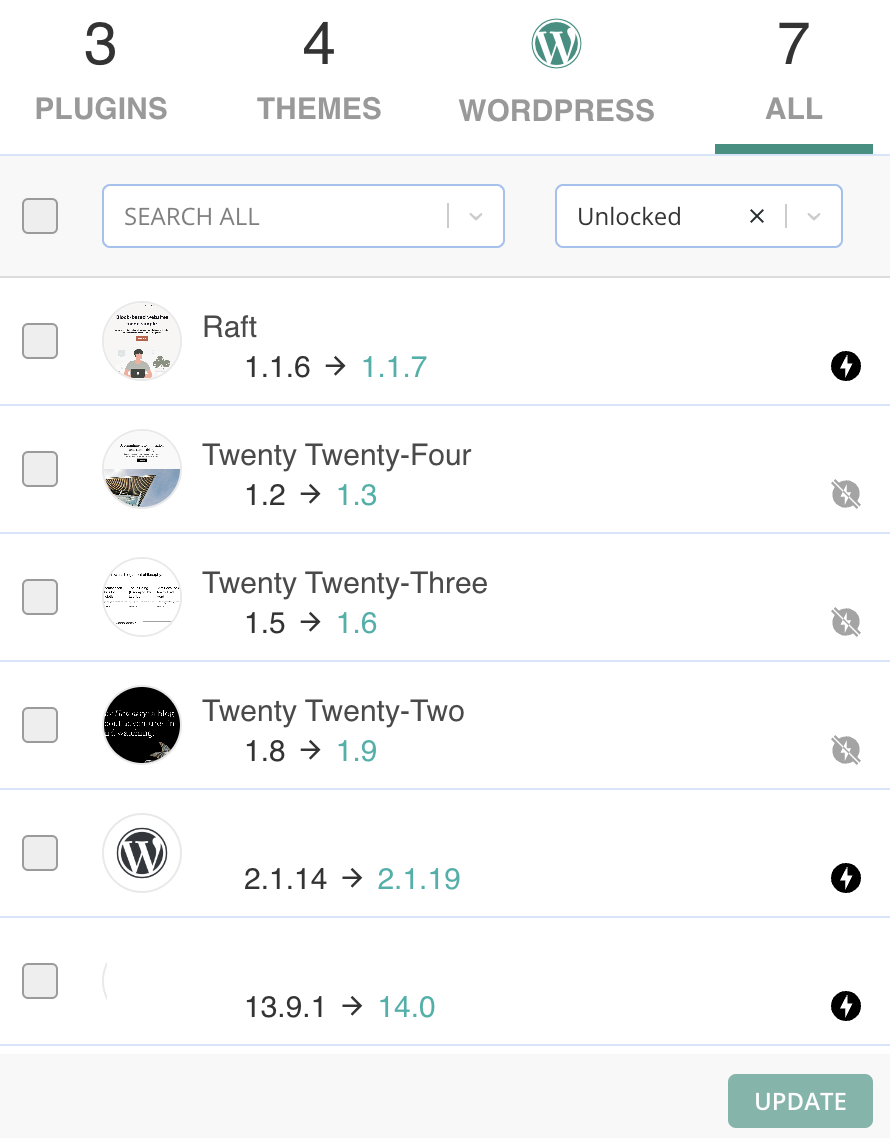 WordPress plugin list showing installed plugins and versions