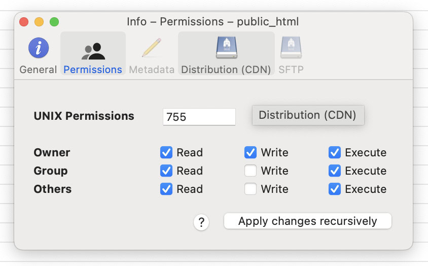 FTP permissions screen for a WordPress site