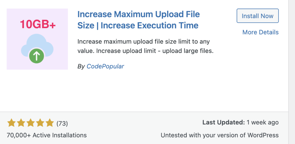 WordPress plugin card for Increase Maximum Upload File Size with the Install Now button