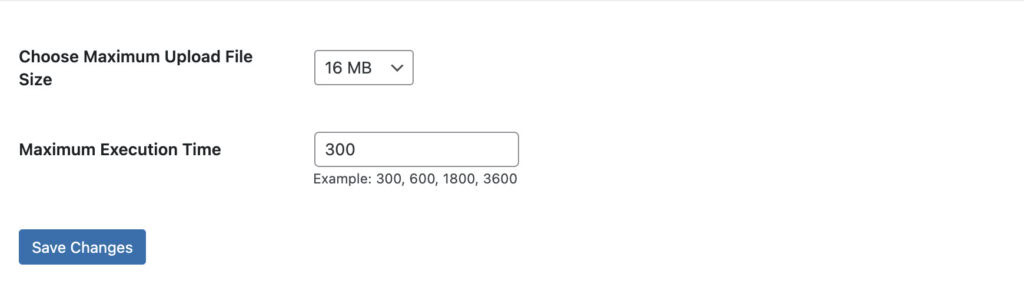 Upload-limit plugin settings for maximum file size and maximum execution time