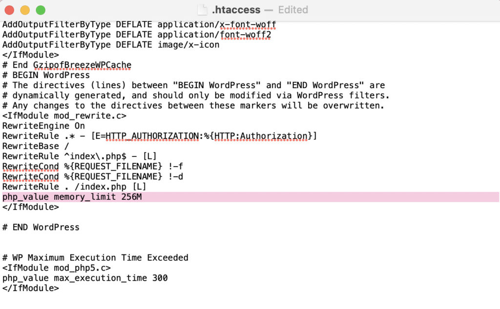 line of code to increase memory limit in .htaccess file