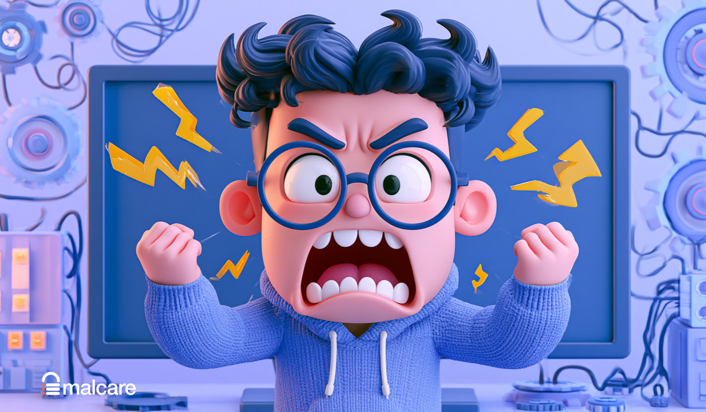 Illustration of a frustrated person shouting at an unresponsive computer