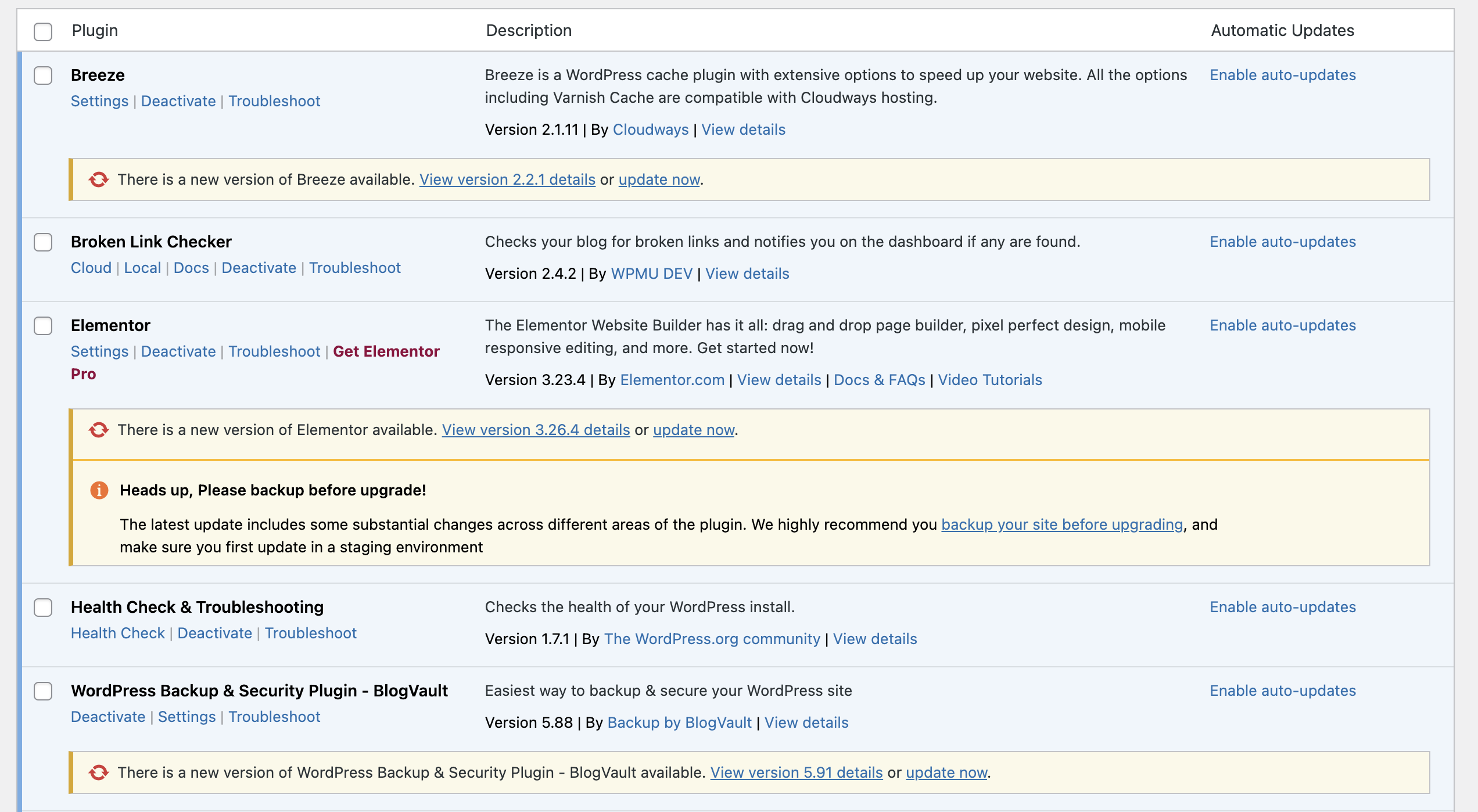 WordPress plugins screen with installed plugins selected for deactivation