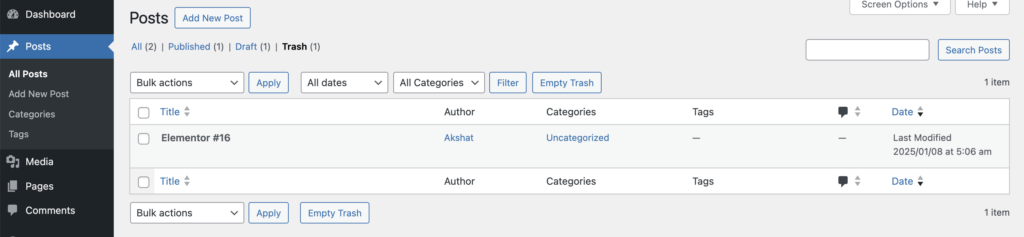WordPress Trash showing deleted posts