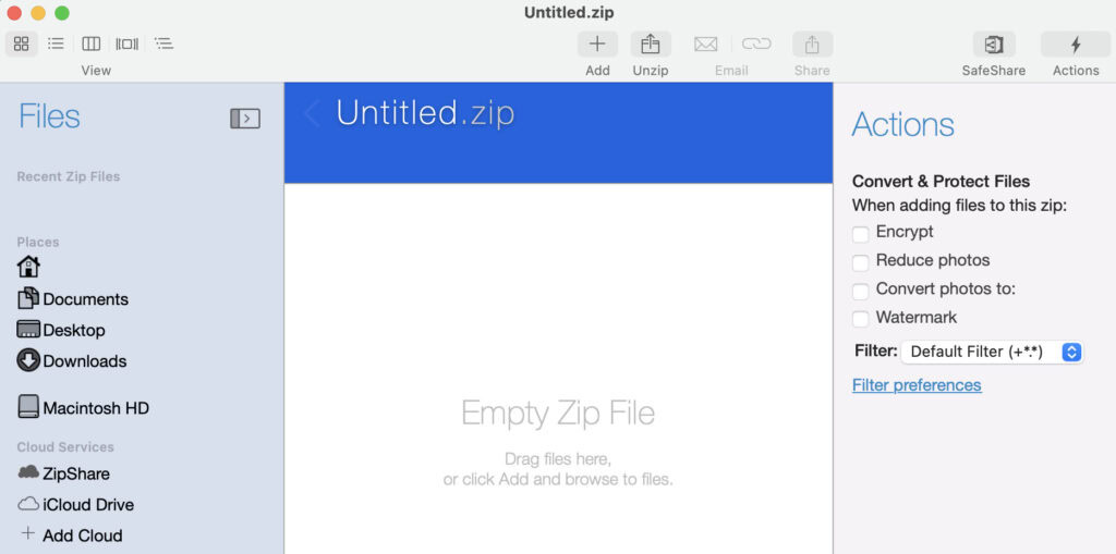 ZIP archive selected in a file manager with an empty archive preview