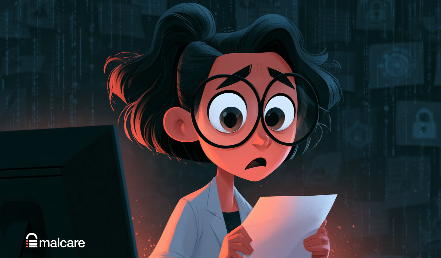 Illustration of a worried editor reading an unexpected error beside a computer