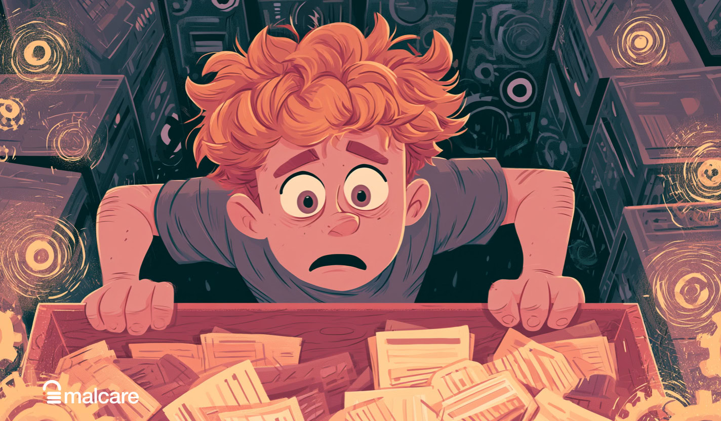 Illustration of a worried user searching through folders inside a server room