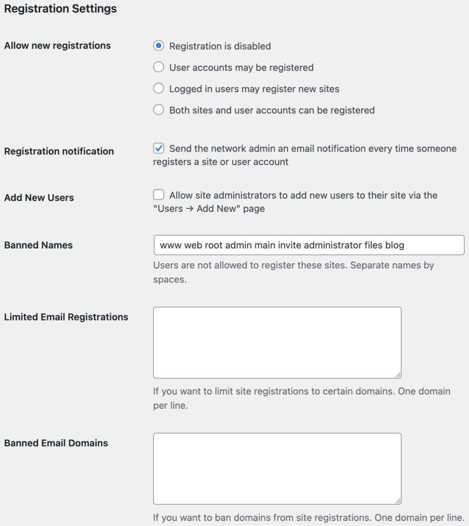 Registration Settings in Network Settings of WordPress Multisite