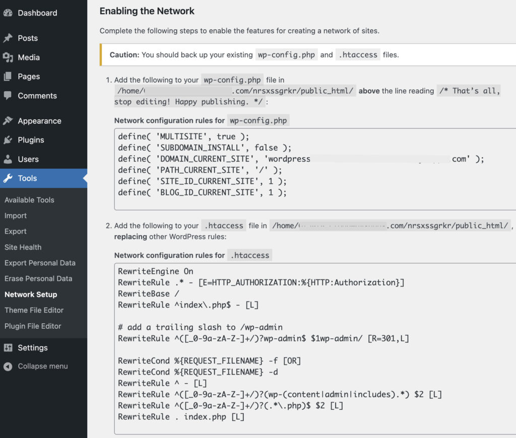 Code snippets in Tools --> Network Setup in WordPress Multisite