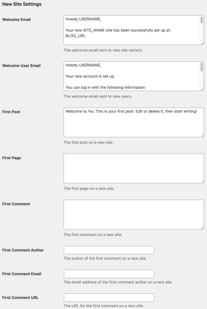 New Site Settings in Network Settings of WordPress Multisite