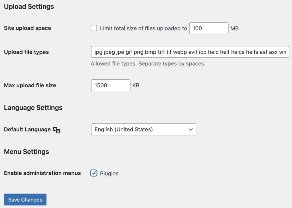 Upload Settings in Network Settings of WordPress Multisite