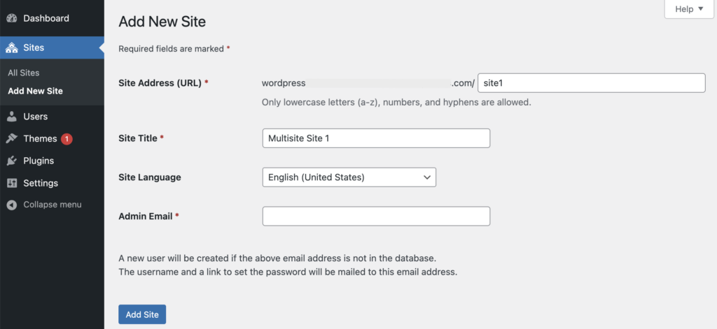 Sites → Add New Site in WordPress Multisite