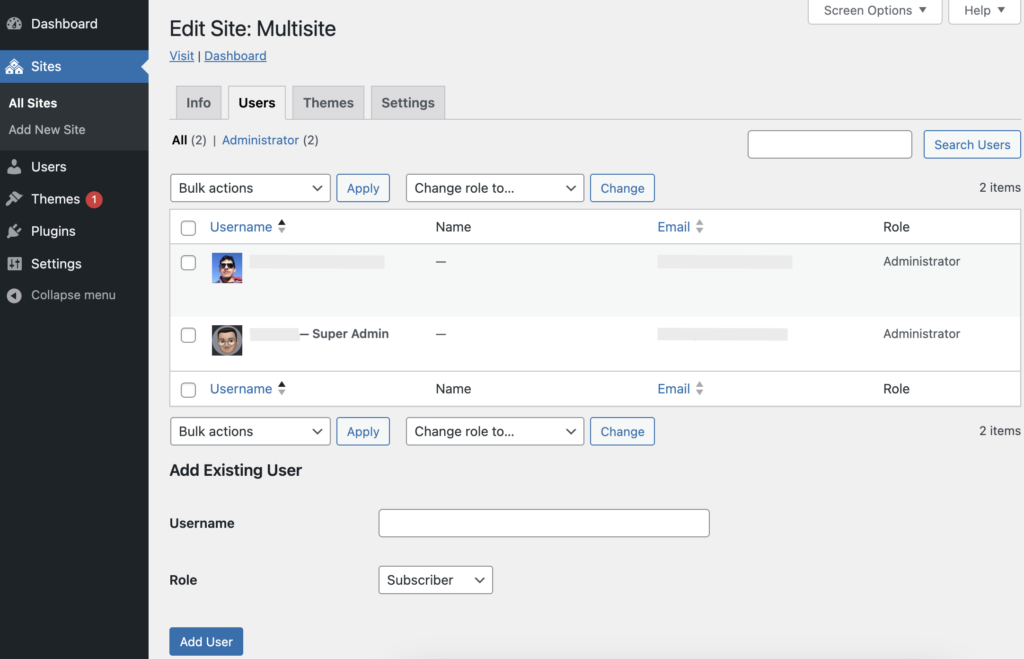 User Control in Sites → All Sites of WordPress Multisite