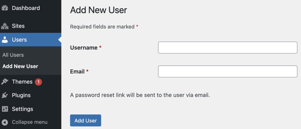 Users → Add New User in WordPress Multisite
