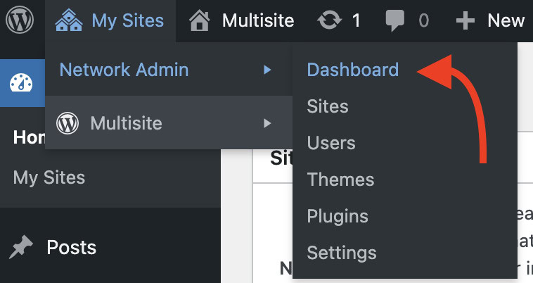 My Sites → Network Admin → Dashboard in wp-admin for WordPress Multisite