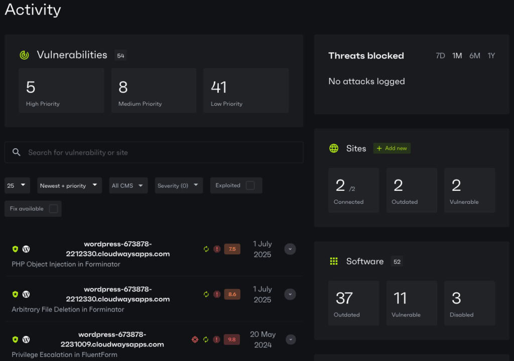 Patchstack dashboard listing WordPress vulnerabilities and virtual patches