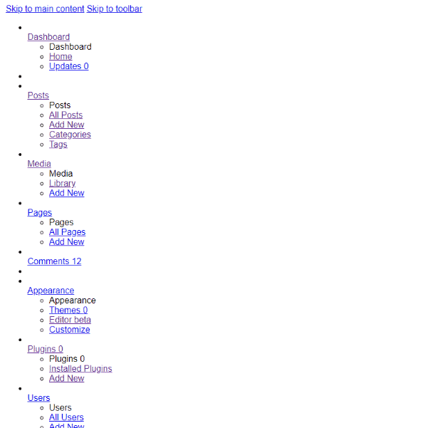 WordPress admin dashboard displayed without its CSS styling