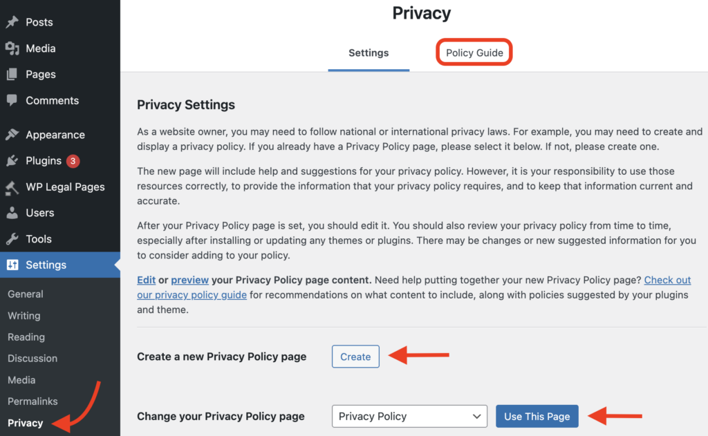 WordPress privacy policy dashboard settings