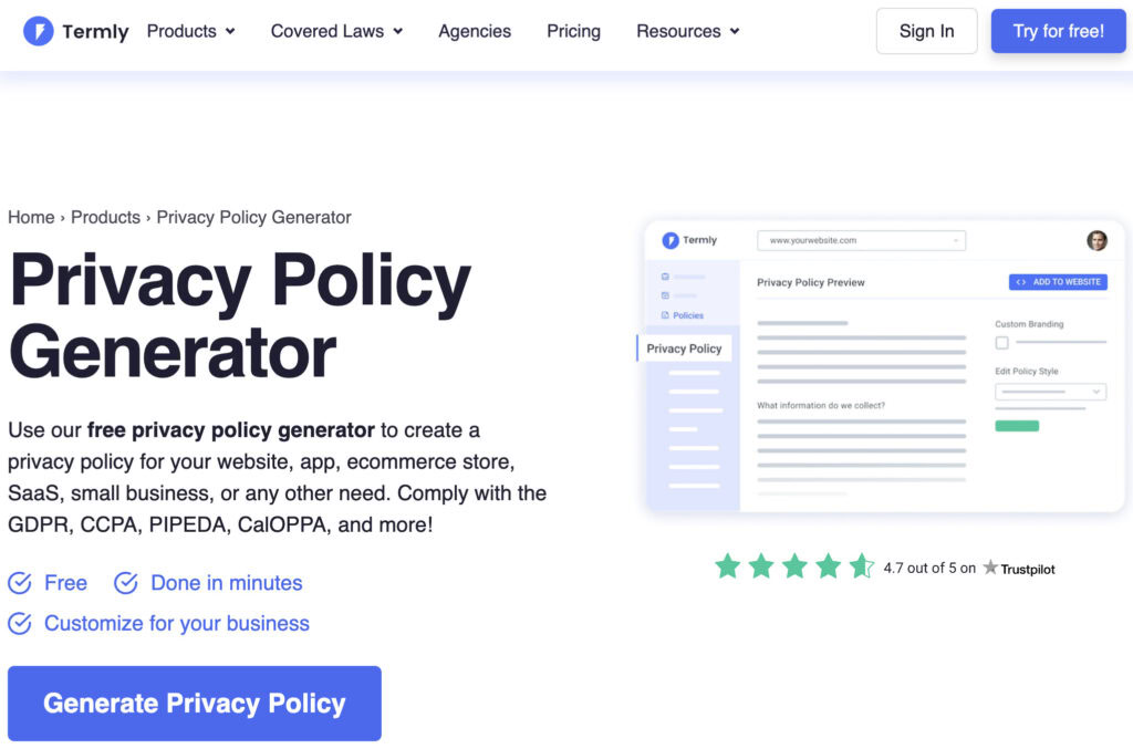 termly wordpress privacy policy generator