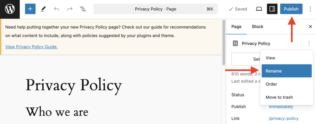 wordpress privacy policy publish editor