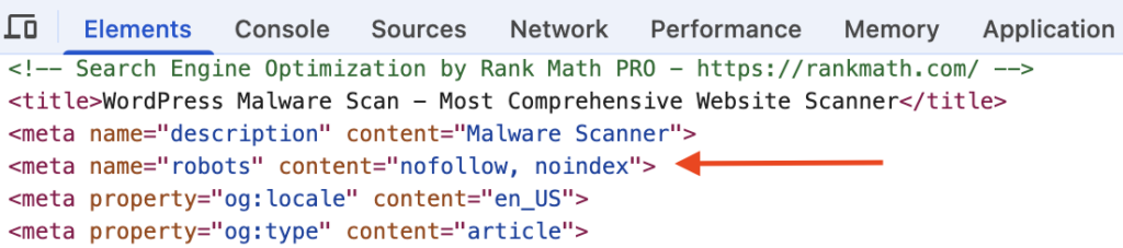 noindex tag in MalCare page