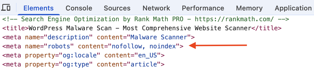 noindex tag in MalCare page