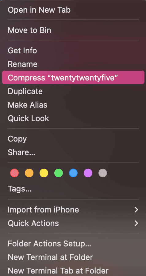 Compress command selected for a WordPress theme folder