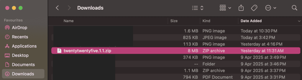 Downloaded WordPress theme ZIP archive in a computer file browser