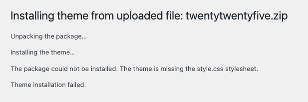 WordPress theme installation error stating that the style.css stylesheet is missing