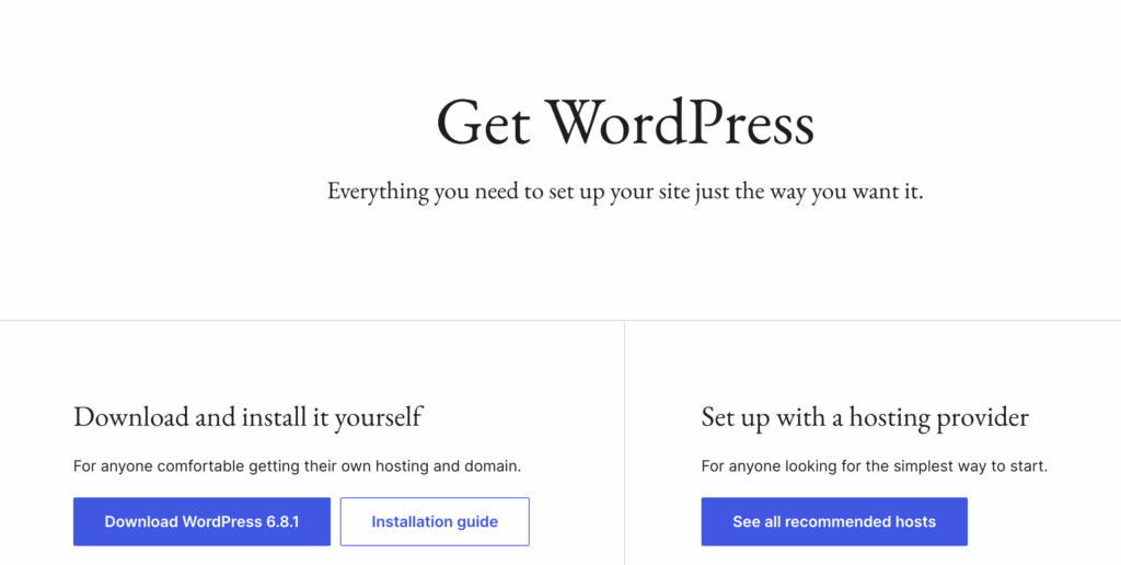 WordPress download page with options to download WordPress or use a hosting provider