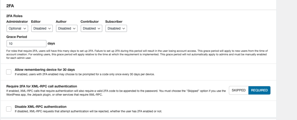 Wordfence Login Security two-factor authentication settings