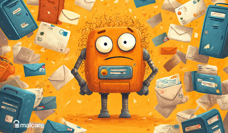 Robot overwhelmed by envelopes and email interfaces, representing WordPress mail sent to spam