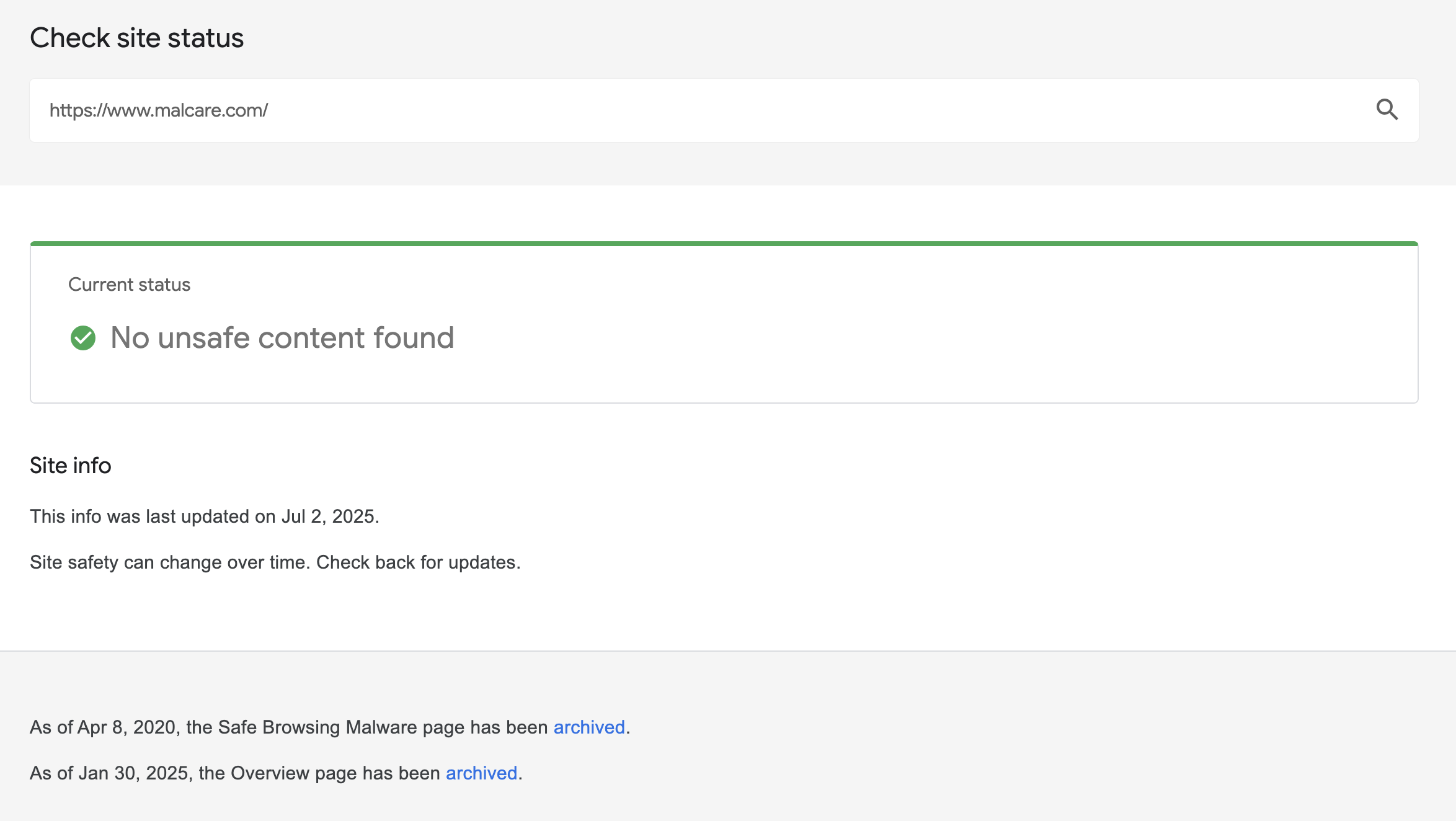 Google Safe Browsing site status checker showing a URL search field