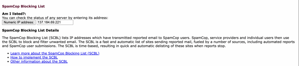 SpamCop blocklist lookup result for an IP address