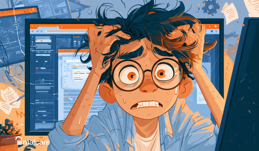 A distressed site owner facing several computer screens, representing a fake Chrome update attack